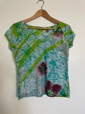Floral V-Neck Tee in Teal, Lime & Plum Y2K Tropical Hibiscus